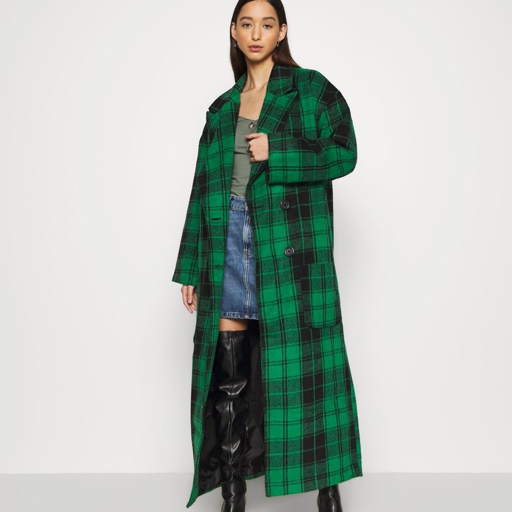 Plaid Tartan Long Coat NWT Missguided 14 Green
